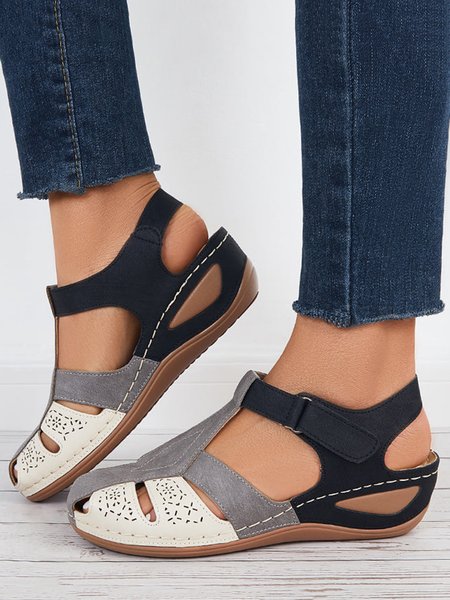 

Vintage Hollow out Massage Insole Wedge Fisherman Sandals, Black, Sandals
