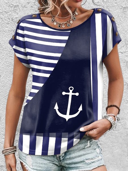 

Crew Neck Casual Striped Loose T-Shirt, Dark blue, T-Shirts