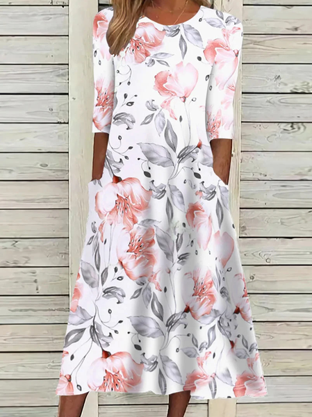 

Regular Fit Crew Neck Casual Floral Dress, White, Casual Dresses