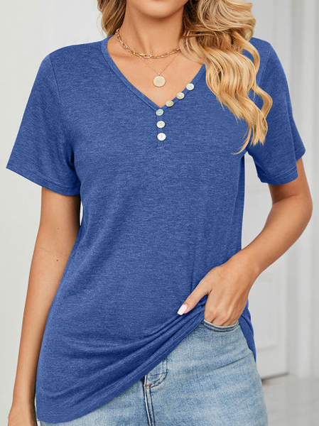 

Casual Loose Plain V Neck T-Shirt, Blue, T-Shirts