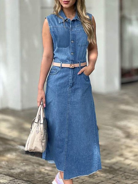 Plain Regular Fit Denim Casual Denim Dress, Blue, Midi Dresses