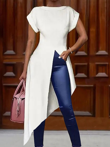 

Loose Lightweight Crew Neck Short sleeve Urban Plain Mid-long Shirt, White, Blouses and Shirts