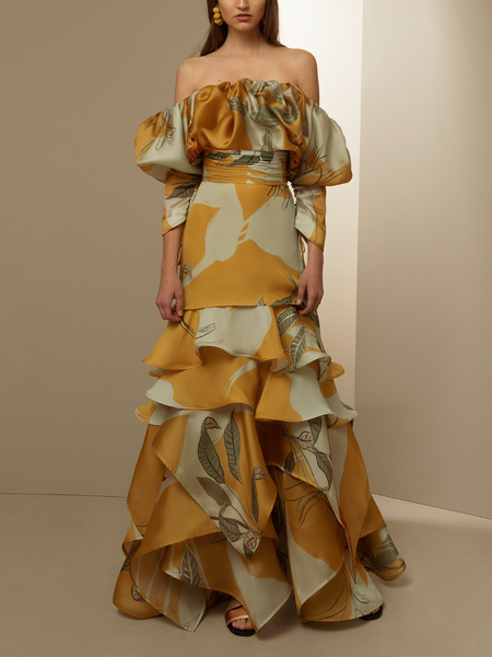 

Party Elegant Floral Dress, Yellow, Maxi Dresses