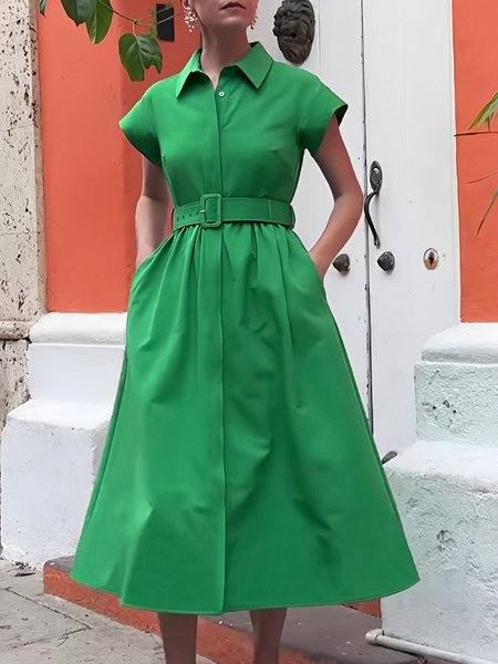 

Urban Plain Shirt Collar Regular Fit Dress With Belt, Green, Midi Dresses