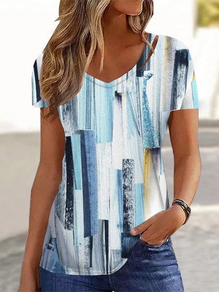 

Contrast Stroke Floral Loose-Knit T-Shirt, Blue, T-Shirts