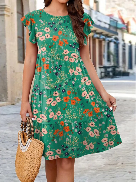 

Loose Floral Casual Crew Neck Dress With No Belt, Green, Dresses