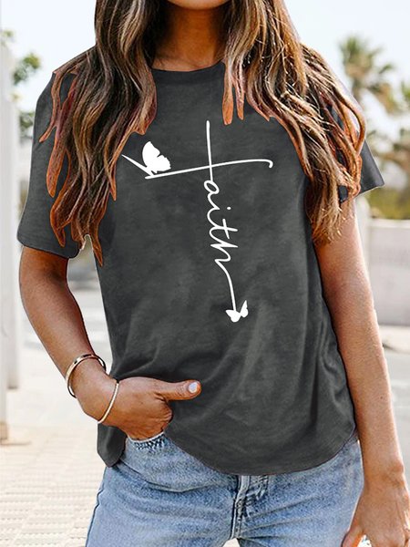 

Women's T-shirt Butterfly Letter Short Sleeve Daily Basic Round Neck Regular Cotton Faith, Gray, T-Shirts