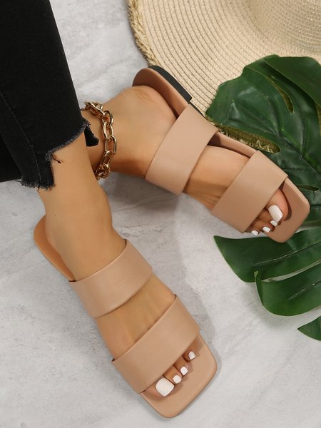 

Khaki Double Thick Strips Simple Flat Square Head Sandals, Sandals