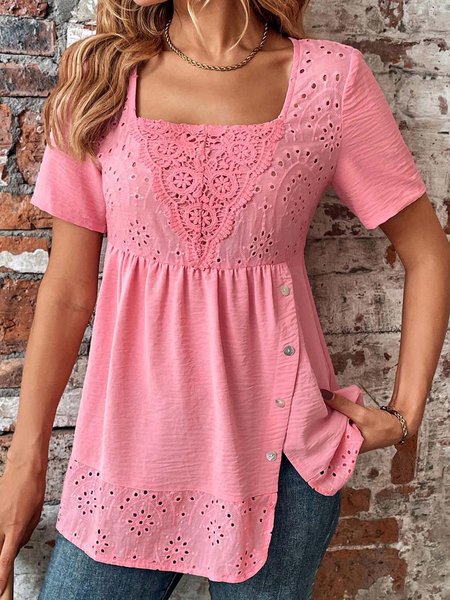 

Cotton Embroidered-Paneled Lace Square-Neck Loose Top, Pink, Shirts & Blouses