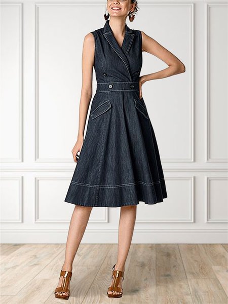 

Shirt Collar Regular Fit Plain Urban Denim Dress, Blue, Midi Dresses