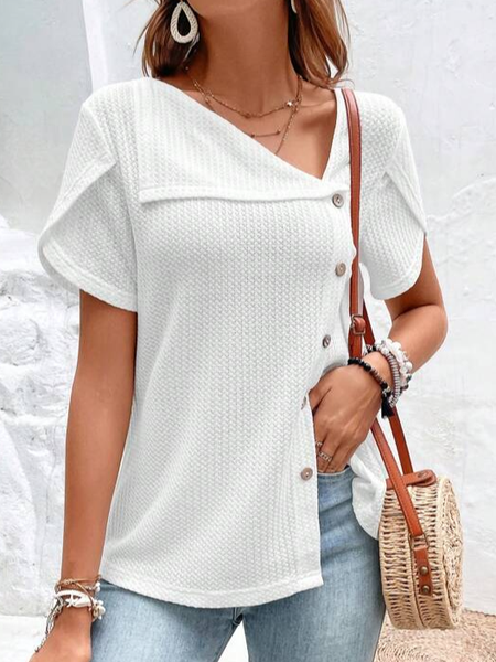 Asymmetrical Neck Plain Simple Buckle Shirt, White, Shirts & Blouses