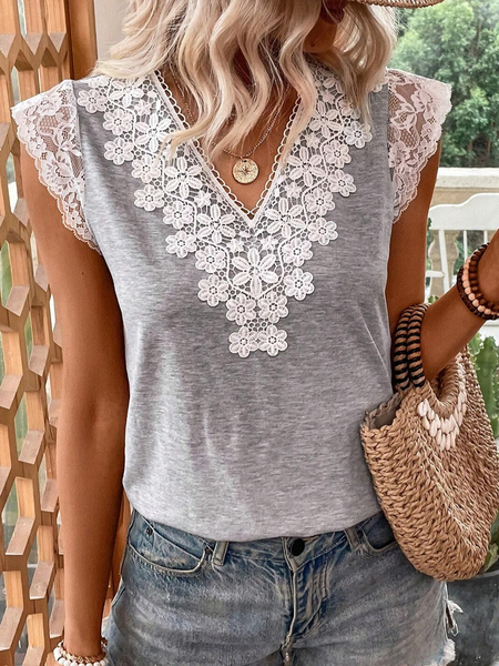 

Lace Regular Fit Casual V Neck T-Shirt, Gray, T-Shirts