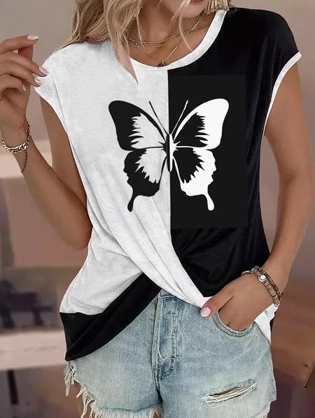 

Loose Crew Neck Butterfly Casual T-Shirt, Black-white, T-Shirts