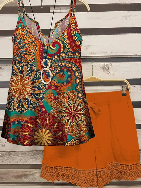 

Loose V Neck Casual Ethnic Two-Piece Set, Orange, Casual Dresses