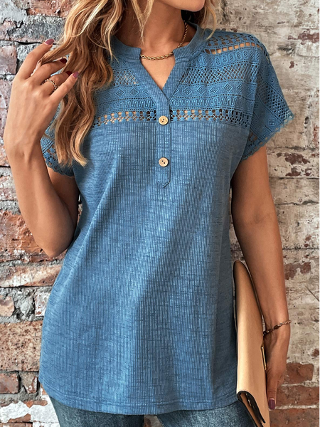 

Stand Collar Lace Loose Simple Plain T-Shirt, Blue, T-Shirts