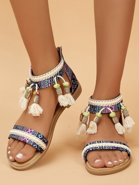 

Bohemian Ethnic Pattern Woven Stripes Beaded Tassel Sandals, Blue, Sandals