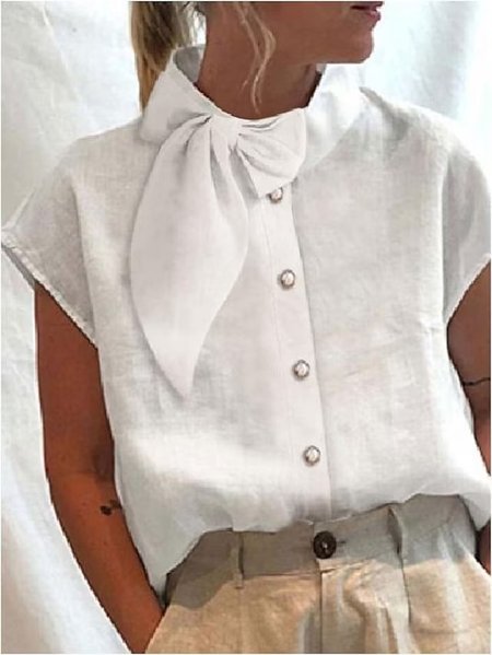 

Linen Cotton Plain Stand Collar Shirt, White, Shirts & Blouses