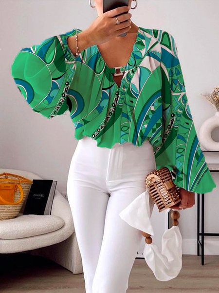 

V Neck Geometric Vacation Regular Fit Shirt, Green, Blouses and Shirts