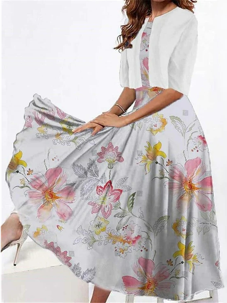

Elegant Floral V Neck Loose Two-Piece Set, White, Suit Set