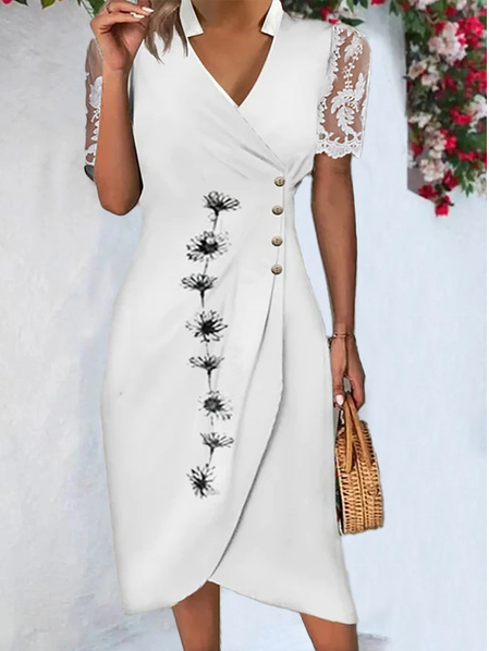 

V Neck Casual Floral Dress With No Belt, White, Dresses