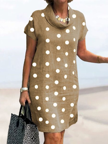 

Women Casual Polka Dots Cowl Neck Short Sleeve Loose Cotton and Linen Dress, Khaki, Mini Dresses