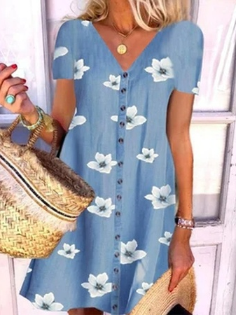 

Casual Loose Floral Dress With No Belt, Blue, Dresses