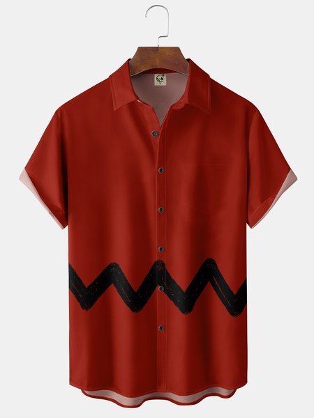 

Cartoon Chest Pocket Short Sleeves Casual Shirt, Red, Men Shirts