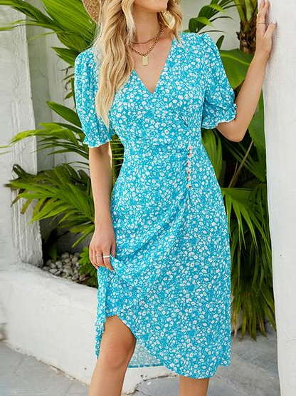 

Loose V Neck Casual Floral Dress With No Belt, Blue, Dresses