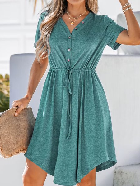 

Plain Buttoned V Neck Casual Dress, Green, Dresses