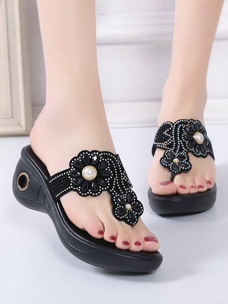 

Gorgeous Flower Rhinestone Soft Wedge Flip Flops, Black, Sandals