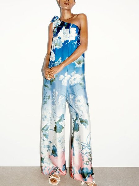 Vacation Regular Fit Cold Shoulder Floral Jumpsuit, As picture, Jumpsuits