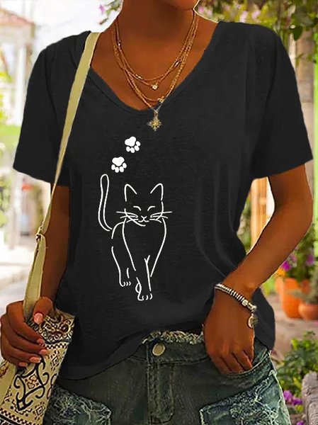 

Casual V Neck Cotton Cat T-Shirt, Black, T-shirts