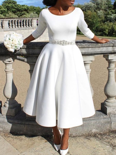 

Elegant Crew Neck Plain Regular Fit Dress, White, Midi Dresses