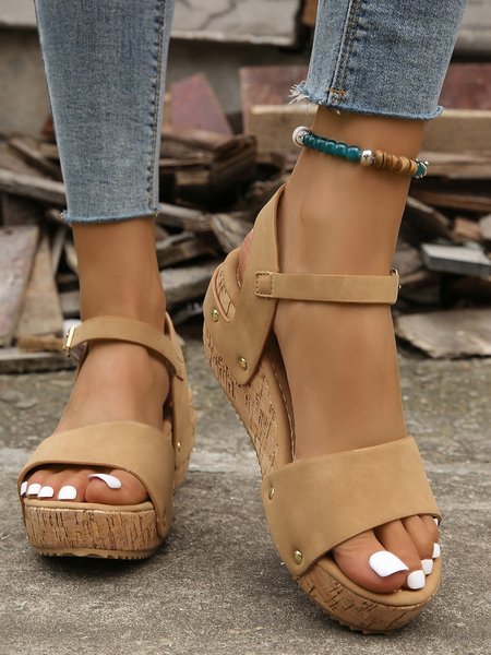 

Vintage Rivet Adjustable Buckle Wedge Sandals, Khaki, Sandals