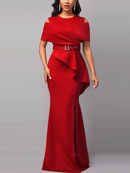 

Wedding Vintage Plain Crew Neck Guest Dress, Red, Maxi Dresses