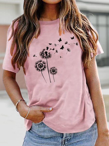 

Crew Neck Dandelion Casual Loose T-Shirt, Pink, T-Shirts