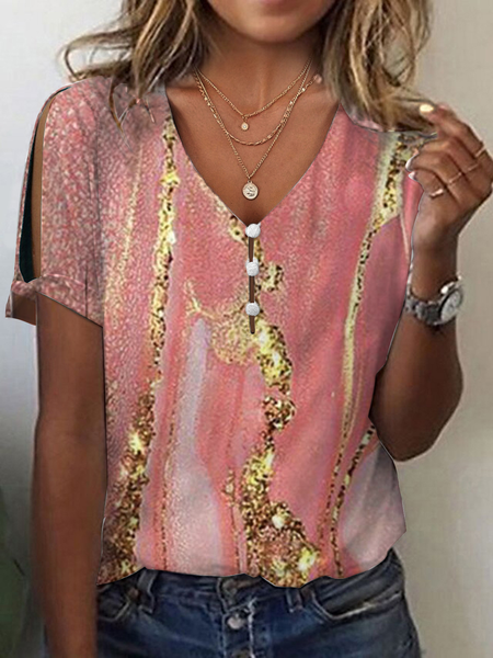 

Abstract Buttoned Casual V Neck T-Shirt, Pink, T-Shirts