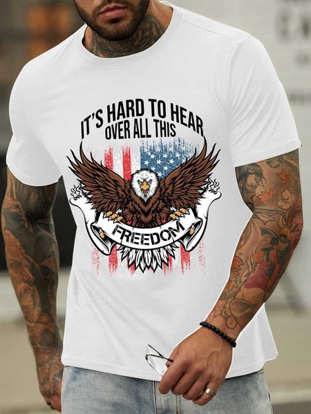 

Lilicloth X Y It's Hard To Hear Over All This Freedom Eagle America Flag Men‘s Cotton Casual T-Shirt, White, T-shirts