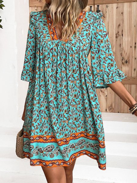 

Floral Vacation V Neck Loose Dress, Green, Casual Dresses
