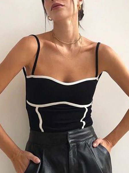 

Urban Knitted Color Block Spaghetti Tank Top, As picture, Tanks and Camis