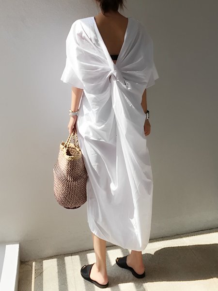 

Plain Casual V Neck Loose Midi Dress With No Belt, White, Midi Dresses