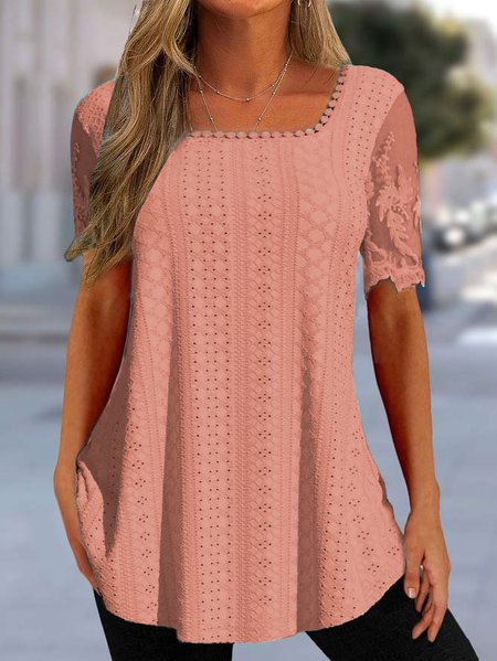 

Square Neck Simple Lace Plain T-Shirt, Pink, Shirts & Blouses