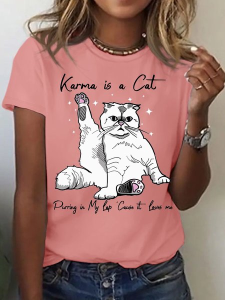 

Women's Cotton Karma Is A Cat Purring In My Lap Cause It Loves Me cat Lover Casual T-Shirt, Pink, T-shirts