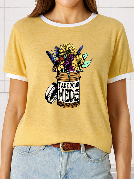 

Women’s Take Your Meds A Self-care Graphic For Mental Health Care Plants Flower Cotton Crew Neck Casual T-Shirt, Yellow, T-shirts