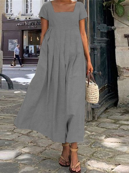 

Women's Casual Dress Cotton Linen Dress A Line Dress Maxi long Dress Cotton Blend Basic Casual Daily Holiday Date Square Neck Ruched Smocked Short Sleeve Summer Spring, Gray, Midi Dresses