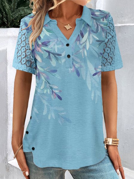 

Lace Floral Shirt Collar Knitted Casual Shirt, Blue, Shirts & Blouses