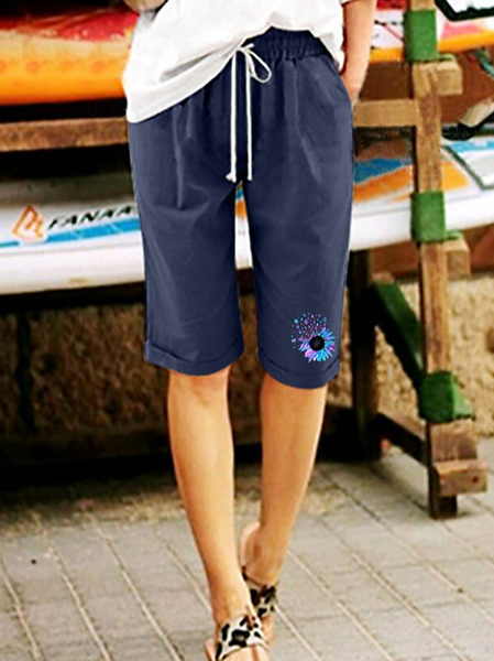 

Linen Cotton-Blend Loose Floral Shorts, Blue, Shorts