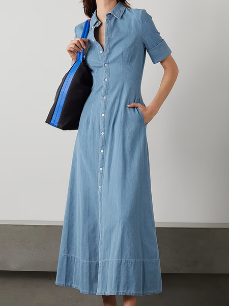 Plain Shirt Collar Loose Short sleeve Urban Denim Maxi Dress, Denim blue, Maxi Dresses
