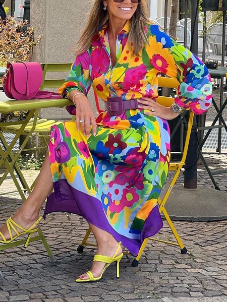 

Urban Loose Floral Shirt Collar Dress, Flower, Midi Dresses