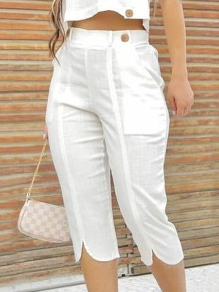 

Plain Cotton Regular Fit Casual Pants, White, Pants